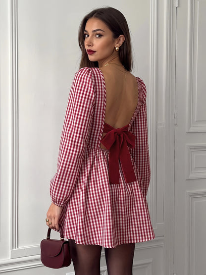 Gingham Bow Back Long Sleeve Christmas Mini Dress