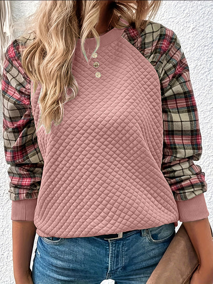 Women's Oversized Quilted Plaid Sleeve Patchwork Sweatshirt