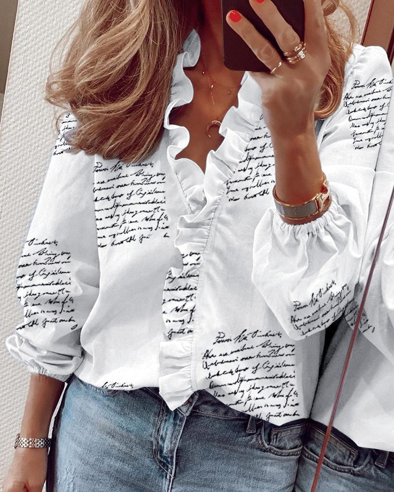 Women's Ruffle V Neck Blouse Balloon Sleeve Casual Top