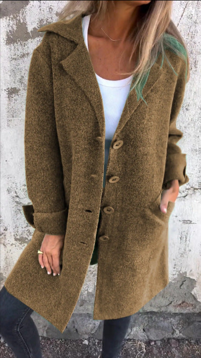 Women Long Wool Coat Lapel Button Front Jacket Pockets