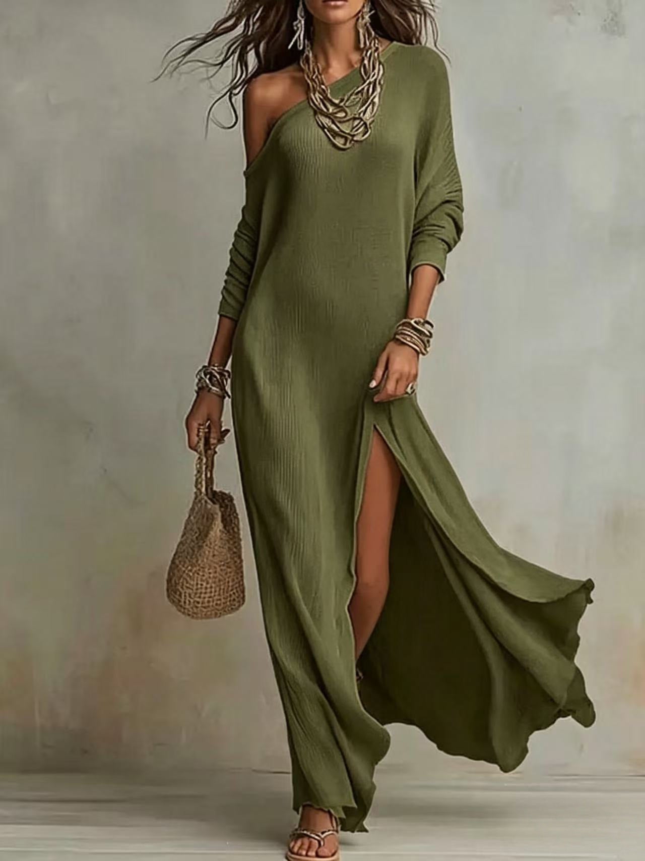 Women's One Shoulder Long Sleeve Side Slit Knit Maxi Dress