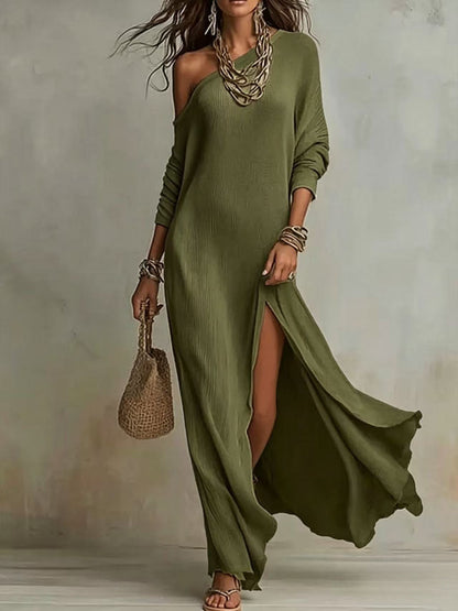 Women's One Shoulder Long Sleeve Side Slit Knit Maxi Dress