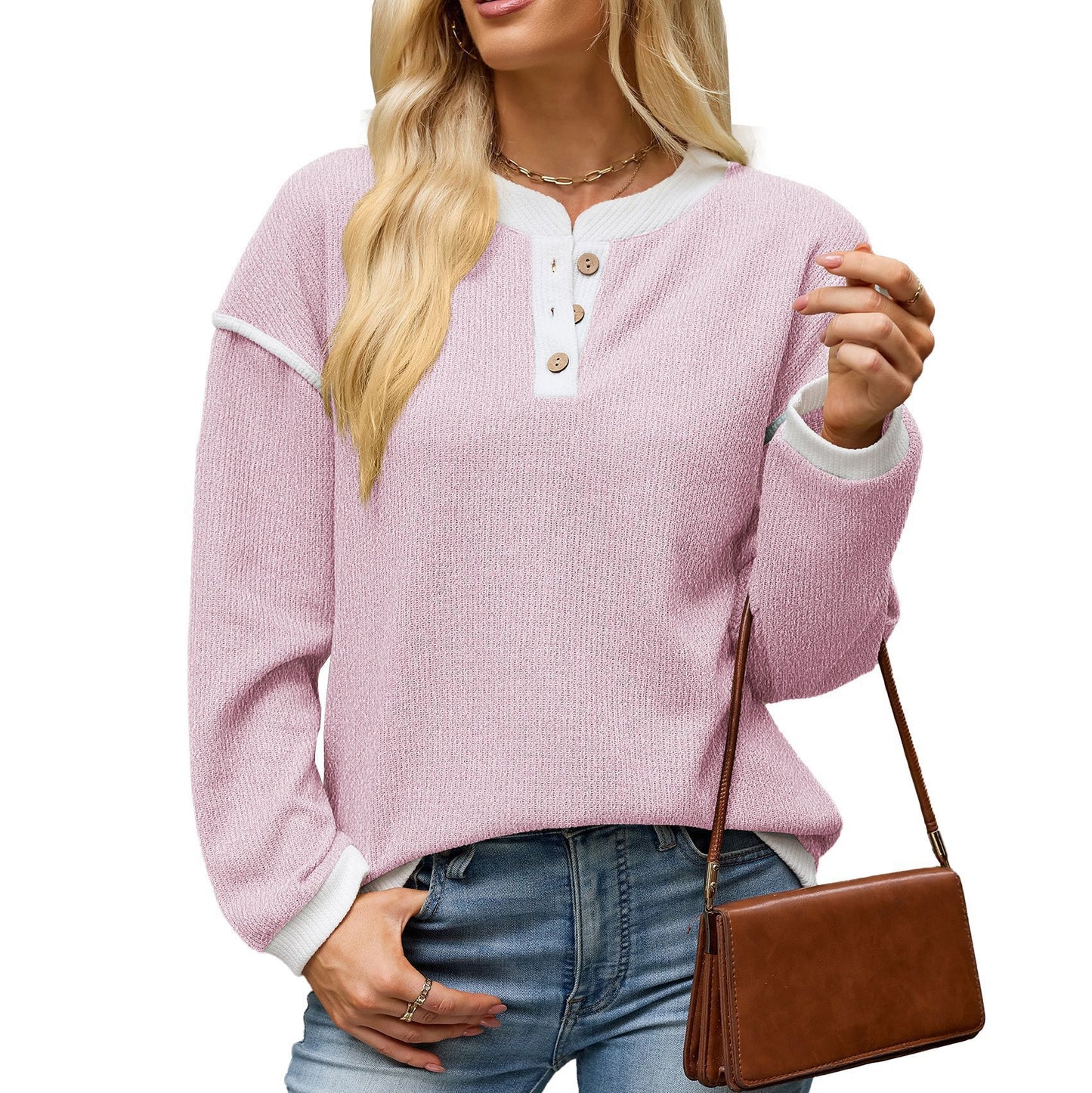 Women's Contrast Henley Long Sleeve Loose Casual Top