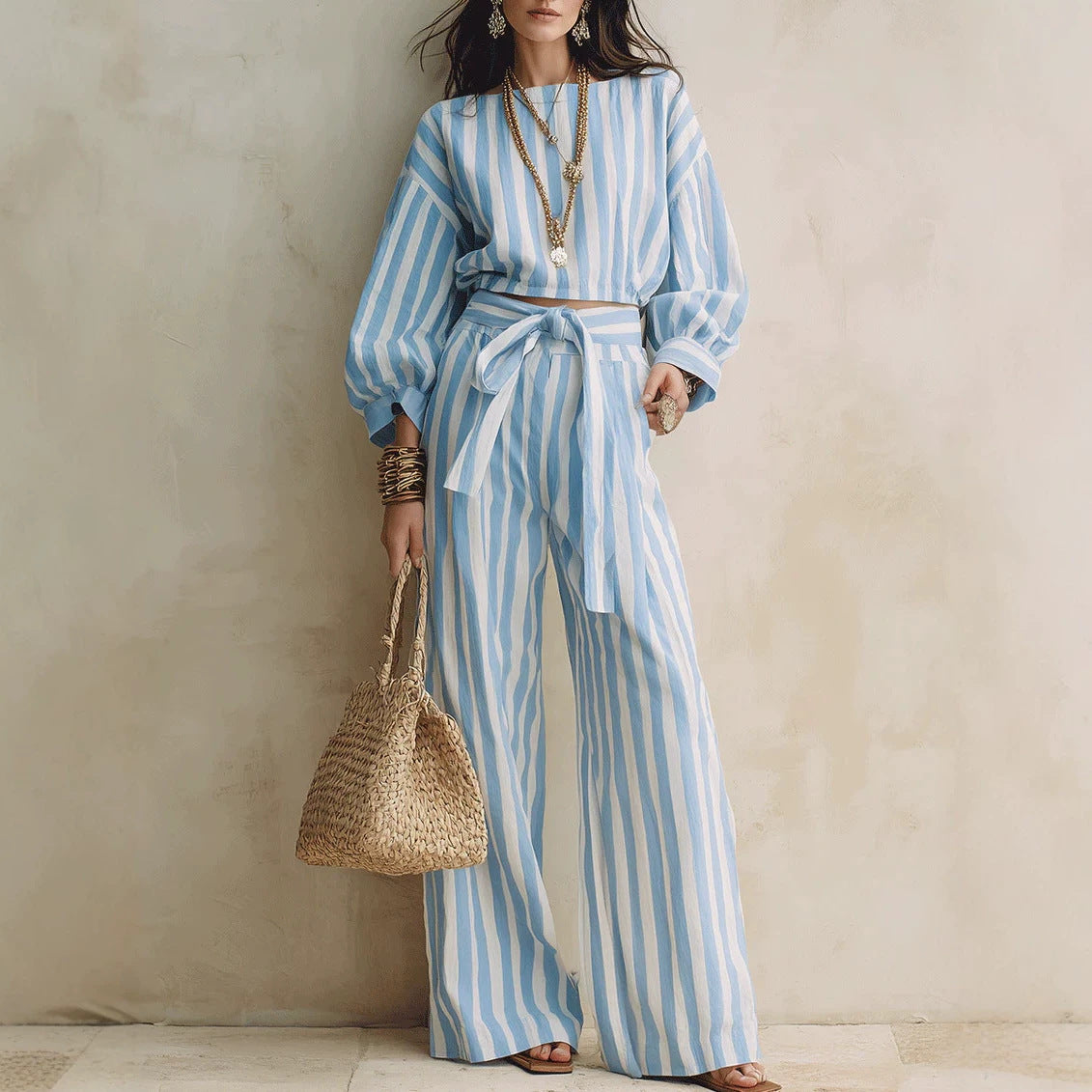 Striped Two Piece Crop Top Wide Leg Pants Set