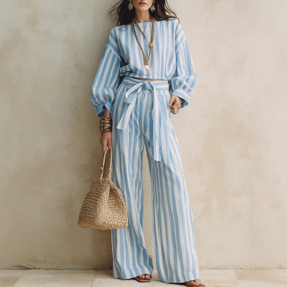 Striped Two Piece Crop Top Wide Leg Pants Set