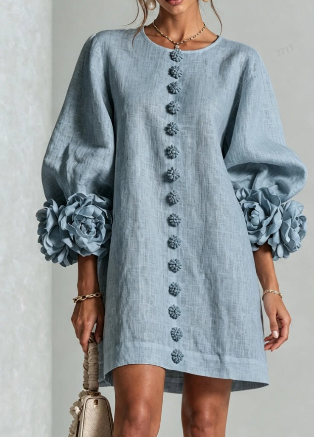 Elegant Floral Applique Balloon Sleeve A-Line Mini Dress