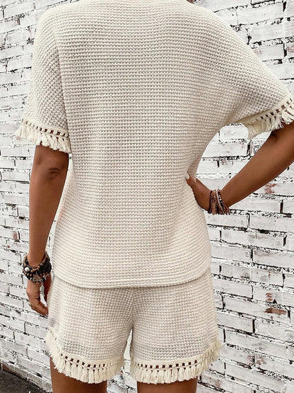 Waffle Knit Matching Set with Fringe Hem Details