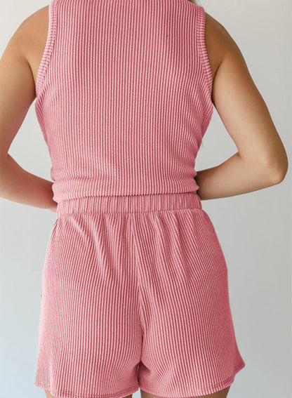 Dark Pink Ribbed Sleeveless Tank and Shorts Lounge Set