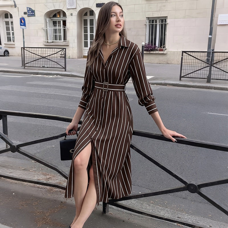 Striped Long Sleeve Belted Shirt Dress Slit Midi