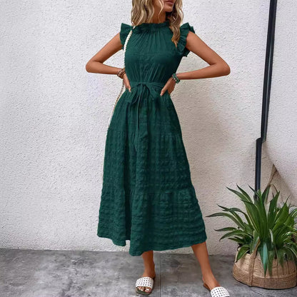 Lace-Up Textured Dress with Ruffled Sleeves