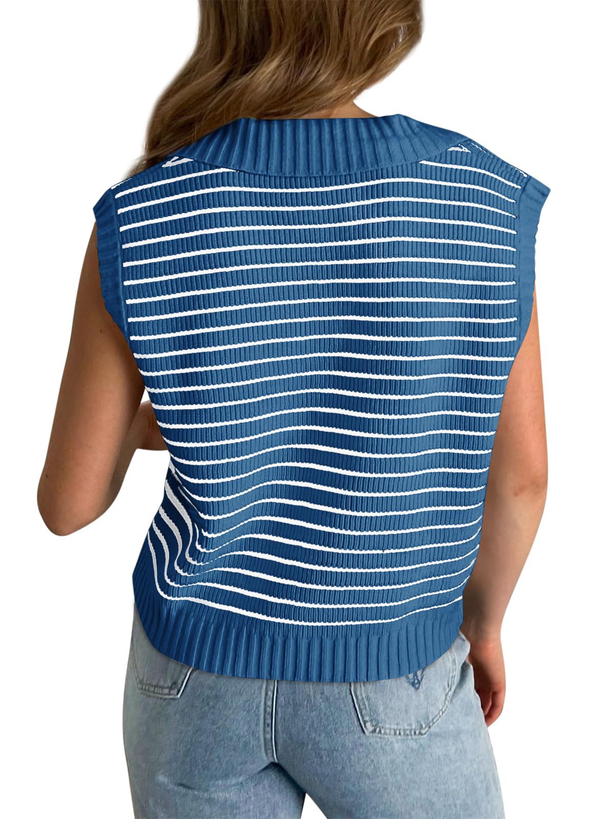 V-Neck Striped Knit Sweater, Casual Lapel Top