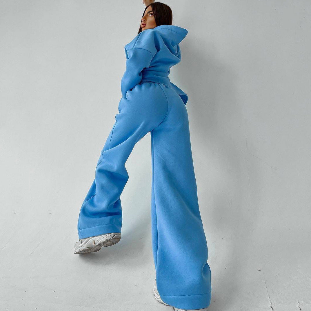 Women's Fleece Hoodie Wide Leg Pants Matching Set