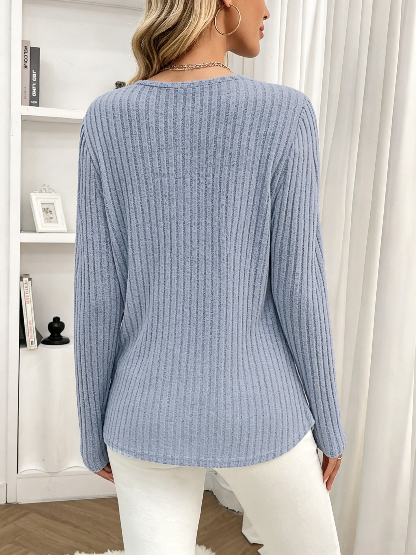Ribbed Brushed Knit Button Side Long Sleeve Top
