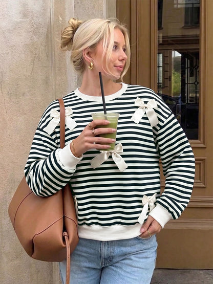 Striped Bow Sweatshirt Crew Neck Oversized Pullover