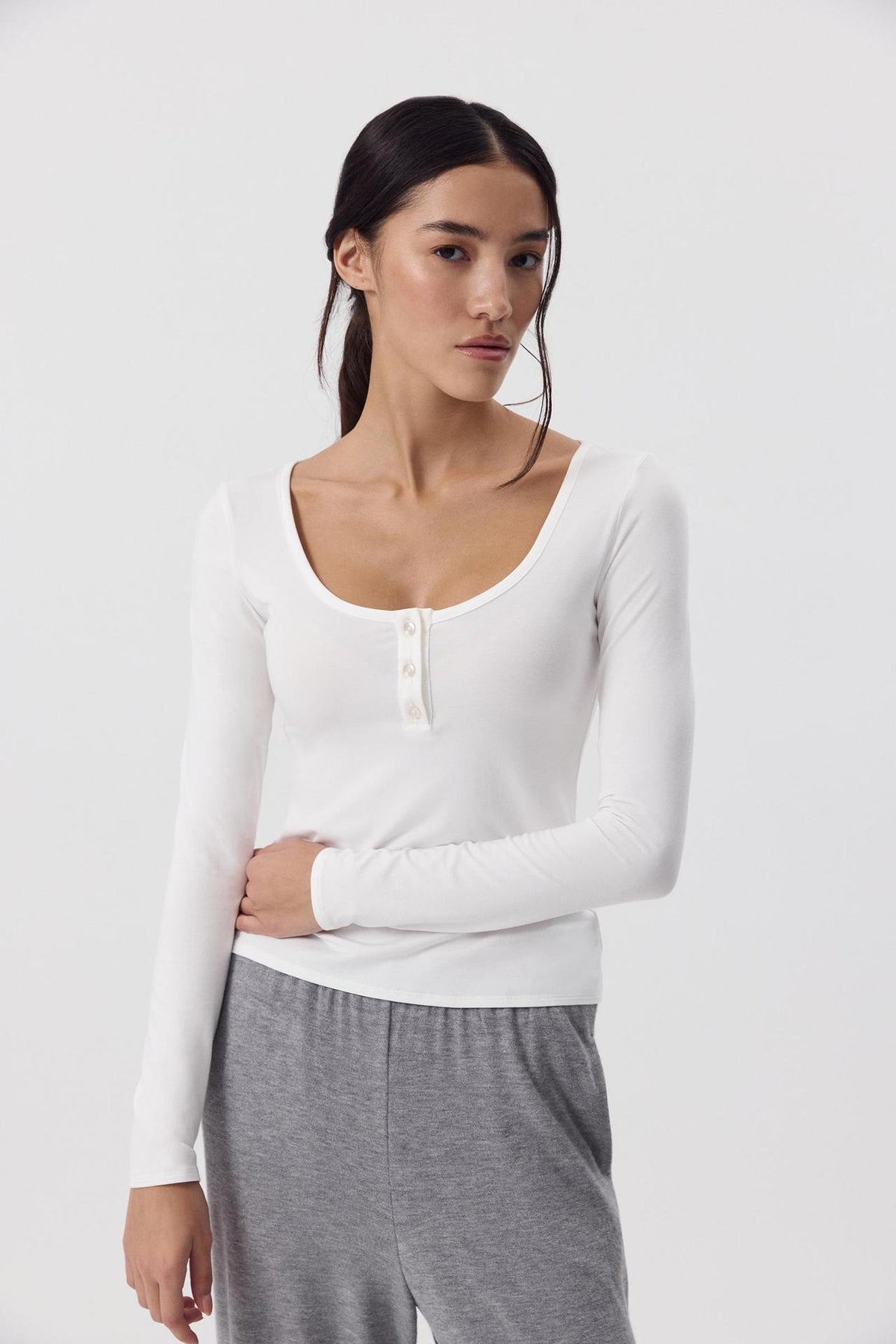 Women's Soft Modal U-Neck Button Fitted Long Sleeve Top