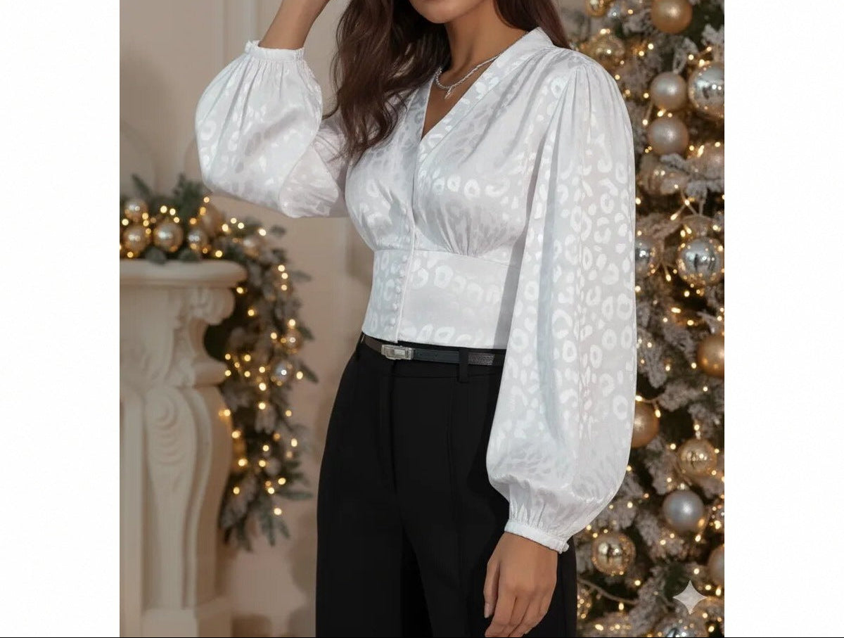 Women's Leopard Jacquard V-Neck Balloon Sleeve Blouse