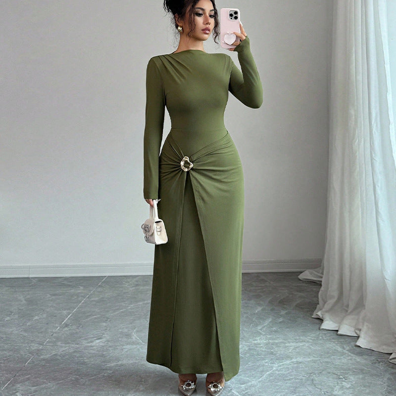 Elegant Twist Front Long Sleeve Bodycon Maxi Dress