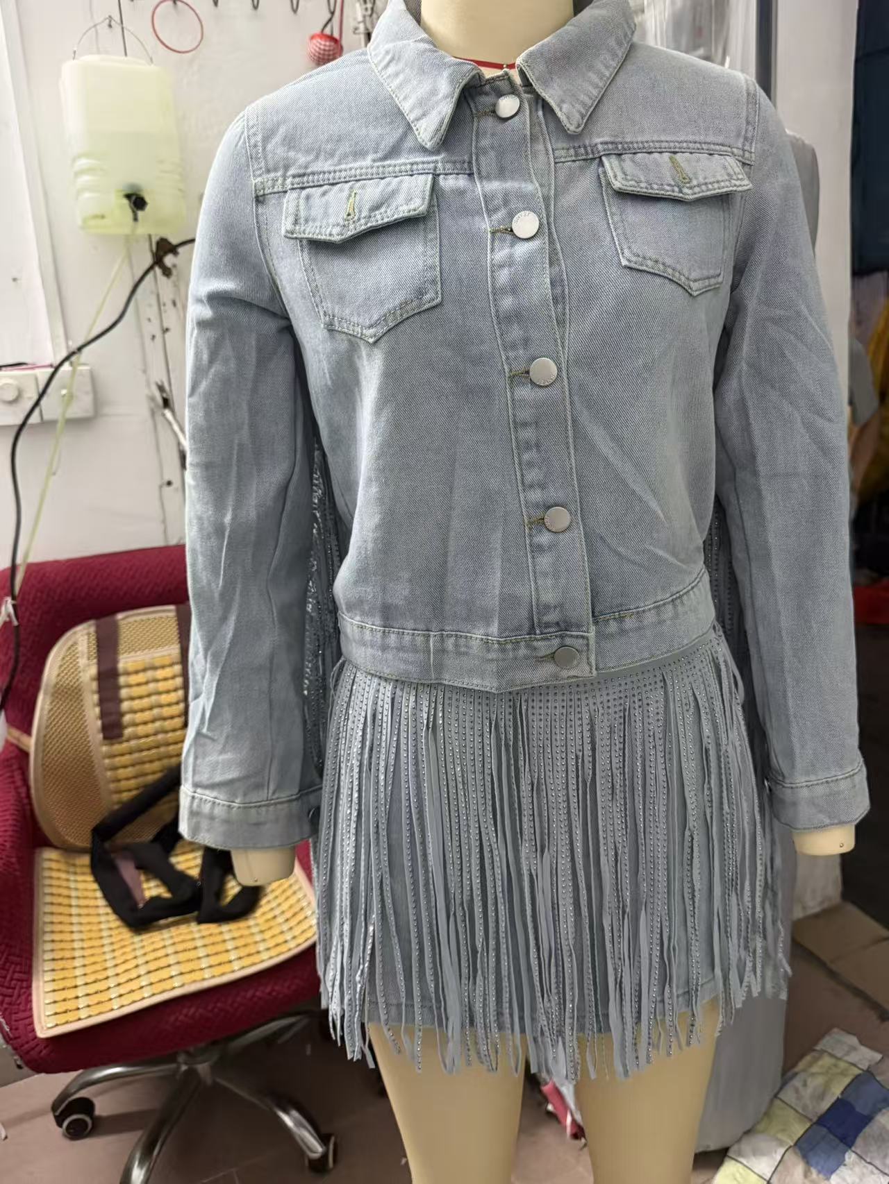 Rhinestone Fringe Denim Skirt Set Western Vintage Wash