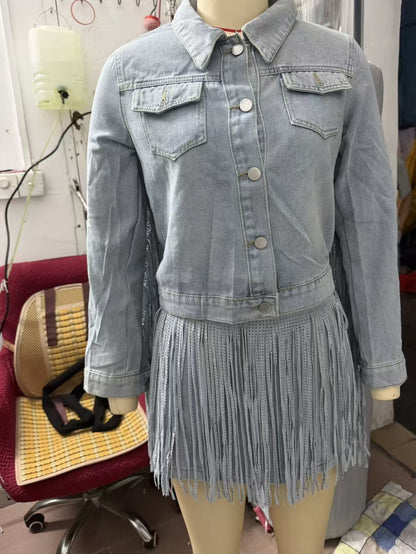 Rhinestone Fringe Denim Skirt Set Western Vintage Wash