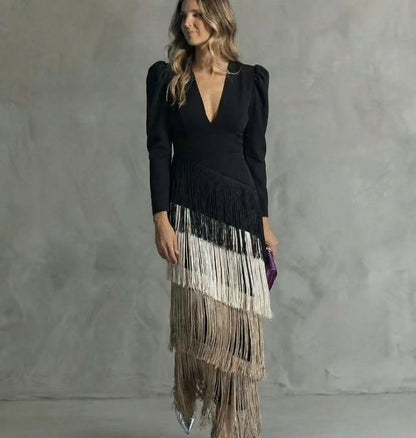 Fringe Maxi Dress Deep V Neck Long Sleeve Bodycon Party