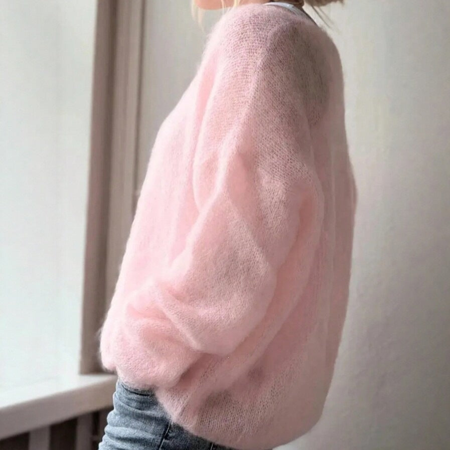 Pink Fuzzy Mohair Oversized Crew Neck Knit Sweater
