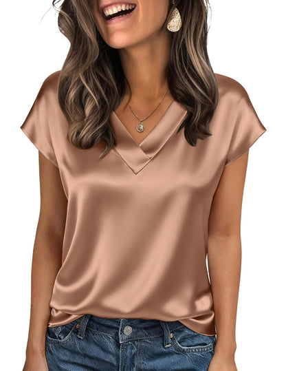 Satin V-Neck Short Sleeve Top Elegant Work & Casual Blouse