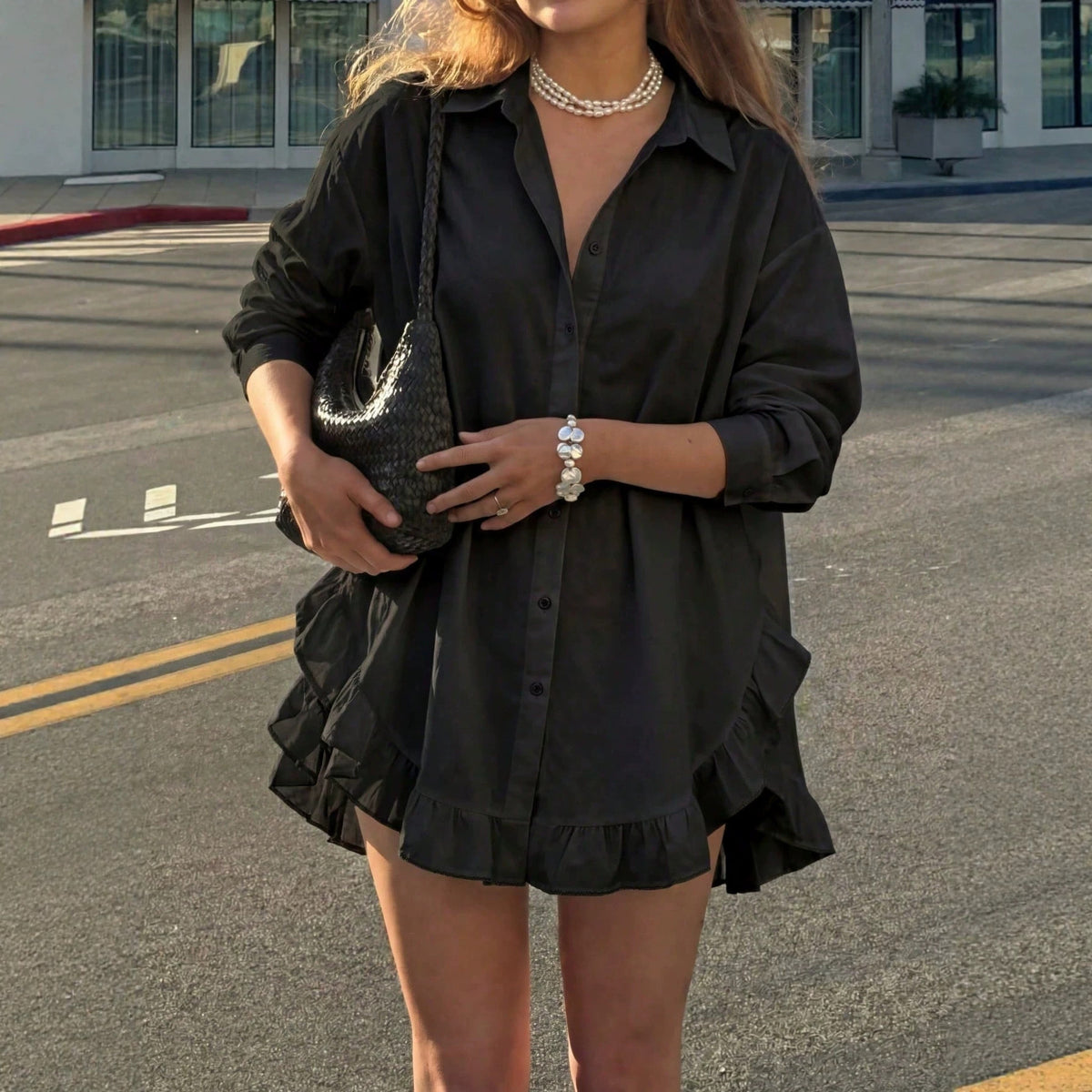 Ruffle Hem Button Down Shirt Dress Long Sleeve Mini