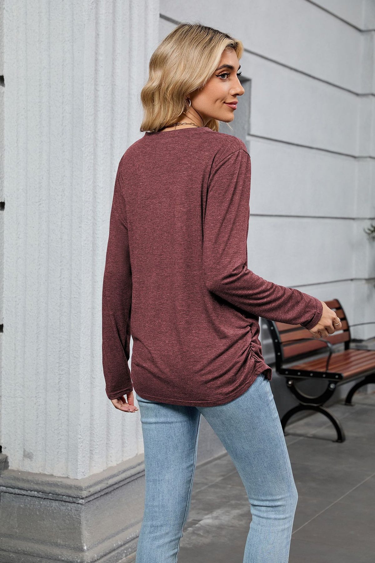 Women's V-Neck Long Sleeve Oversized Tunic Top Shirred