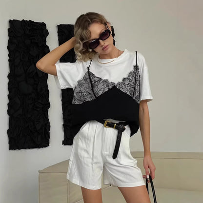 Sexy Lace Splice Loose Tee Top Casual Streetwear Summer Women