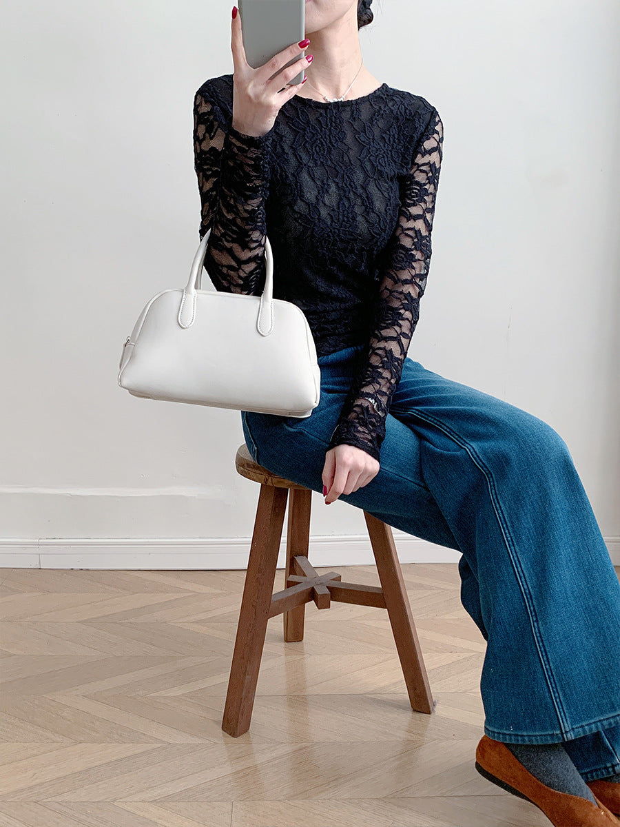 Sheer Lace Long Sleeve Top Fitted U Neck Blouse