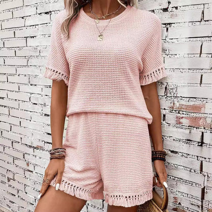 Waffle Knit Matching Set with Fringe Hem Details