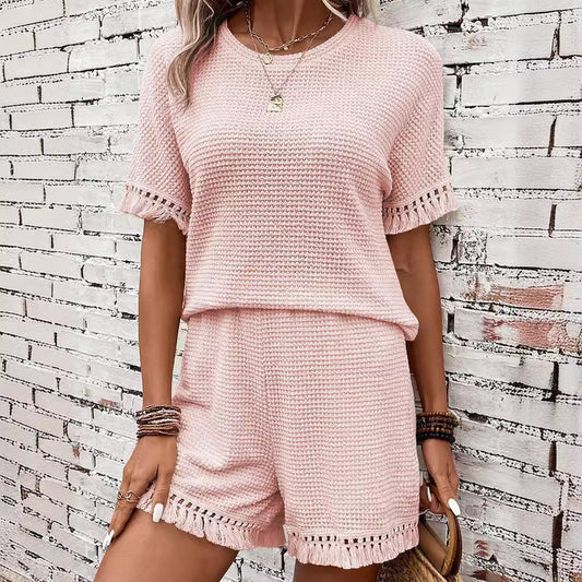 Waffle Knit Matching Set with Fringe Hem Details