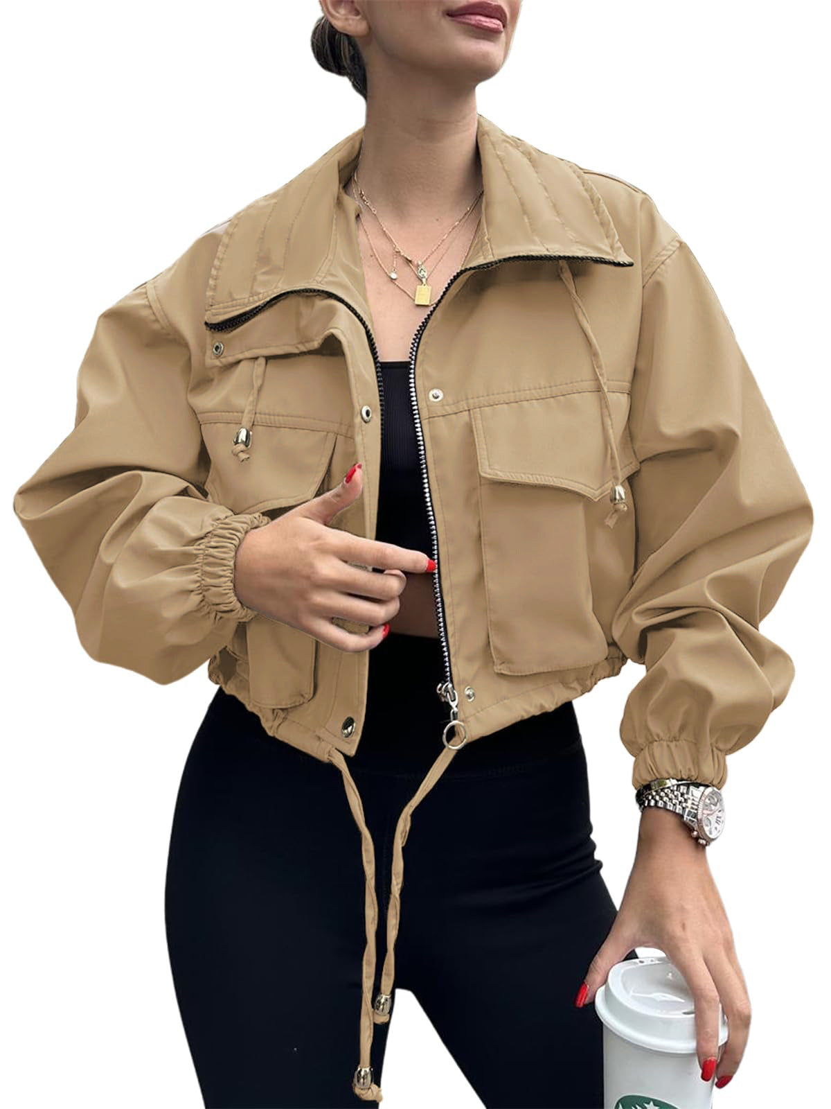Women's Oversized Zip Up Cropped Jacket Pockets