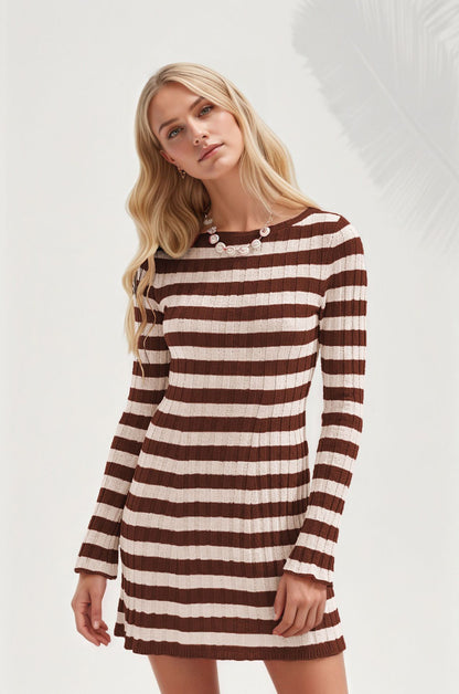 Striped Knit Sweater Dress Crew Neck Long Sleeve Mini Dress