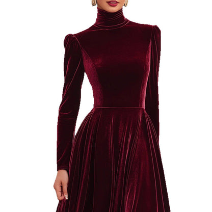 Elegant Velvet Turtleneck Long Sleeve Maxi Dress