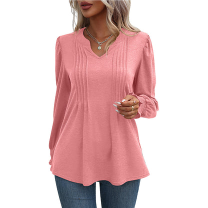 Long Sleeve V-Neck Top with Bubble Sleeves and Wrap Design