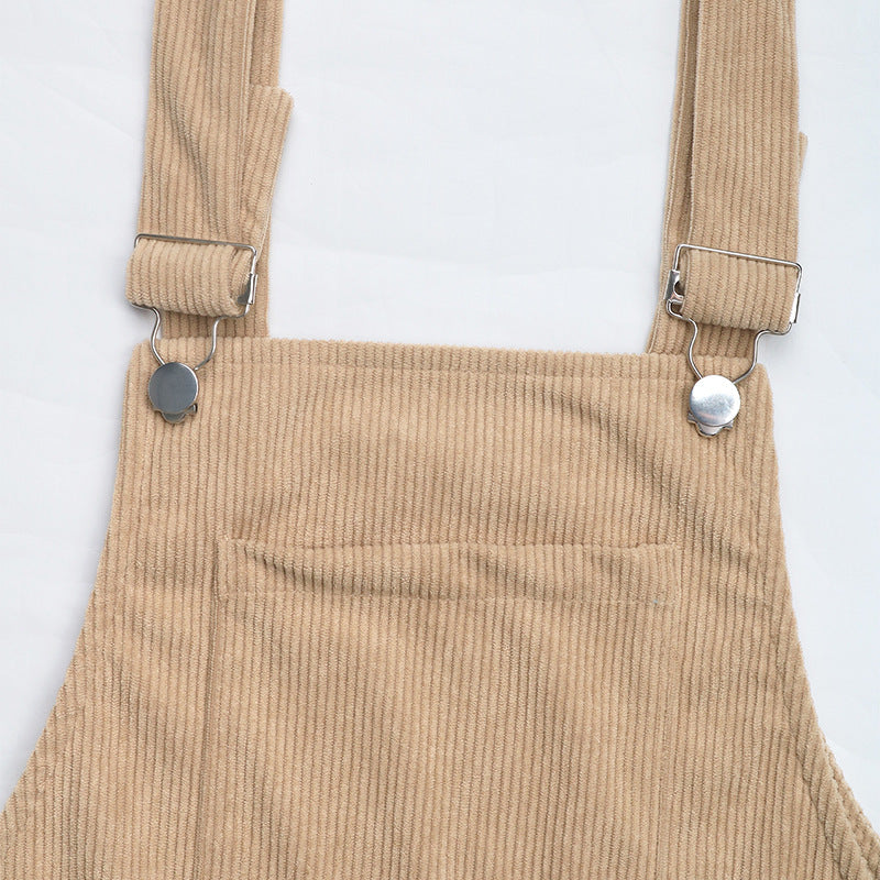 Women's Corduroy Overall Pinafore Khaki Dress with Pocket