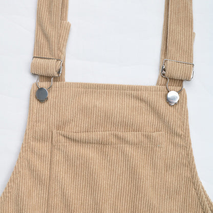 Women's Corduroy Overall Pinafore Khaki Dress with Pocket