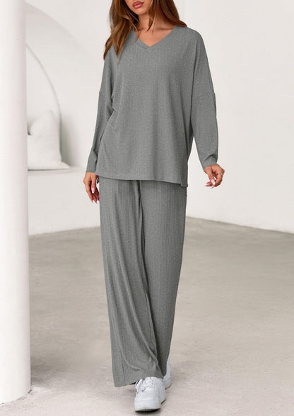 Women's Two Piece Ribbed Lounge Set Wide Leg Pants