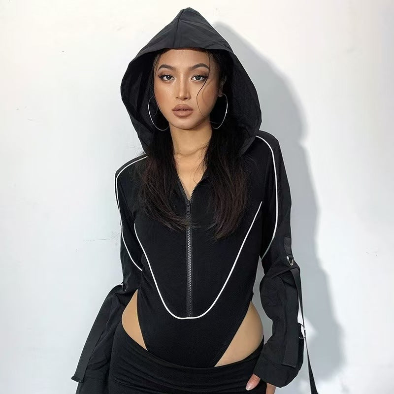 Women Hooded Cut Out Bodysuit Long Sleeve Streetwear