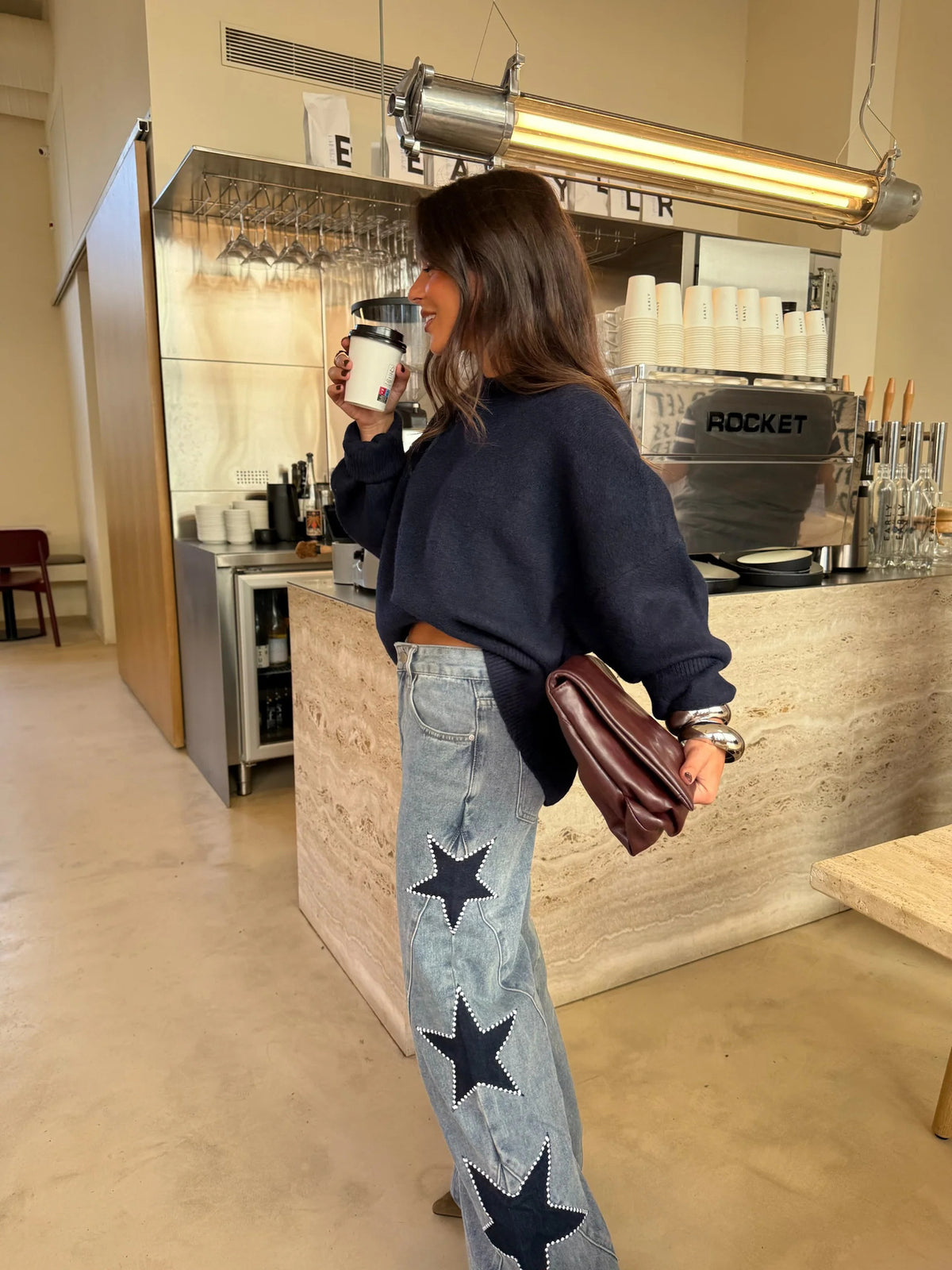 Womens Star Pearl Baggy Straight Leg Jeans