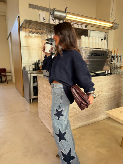 Womens Star Pearl Baggy Straight Leg Jeans