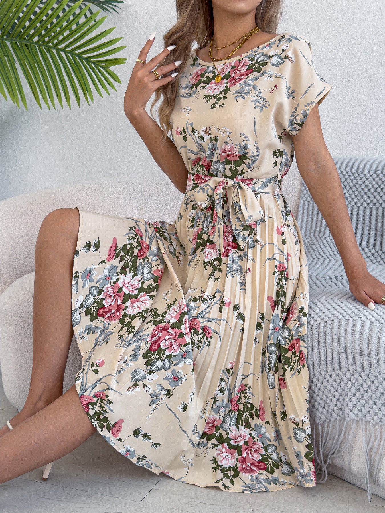 Floral Pleated Midi Dress with Tie Waist for Women