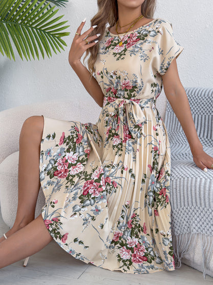 Floral Pleated Midi Dress with Tie Waist for Women