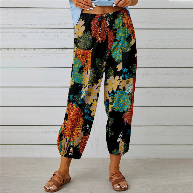 Women's Boho Floral High Waist Cotton Linen Joggers