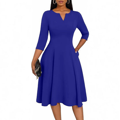 Women's 3/4 Sleeve V-Neck A-Line Midi Dress Wedding Guest