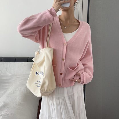 Women’s Solid Color Knit Cardigan V Neck Long Sleeve Top
