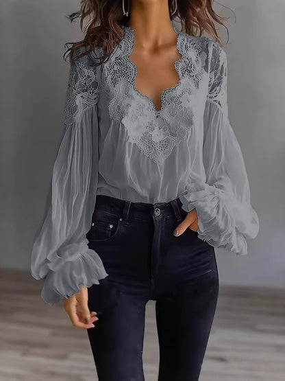 Women's Lace V-Neck Puff Sleeve Pleated Blouse