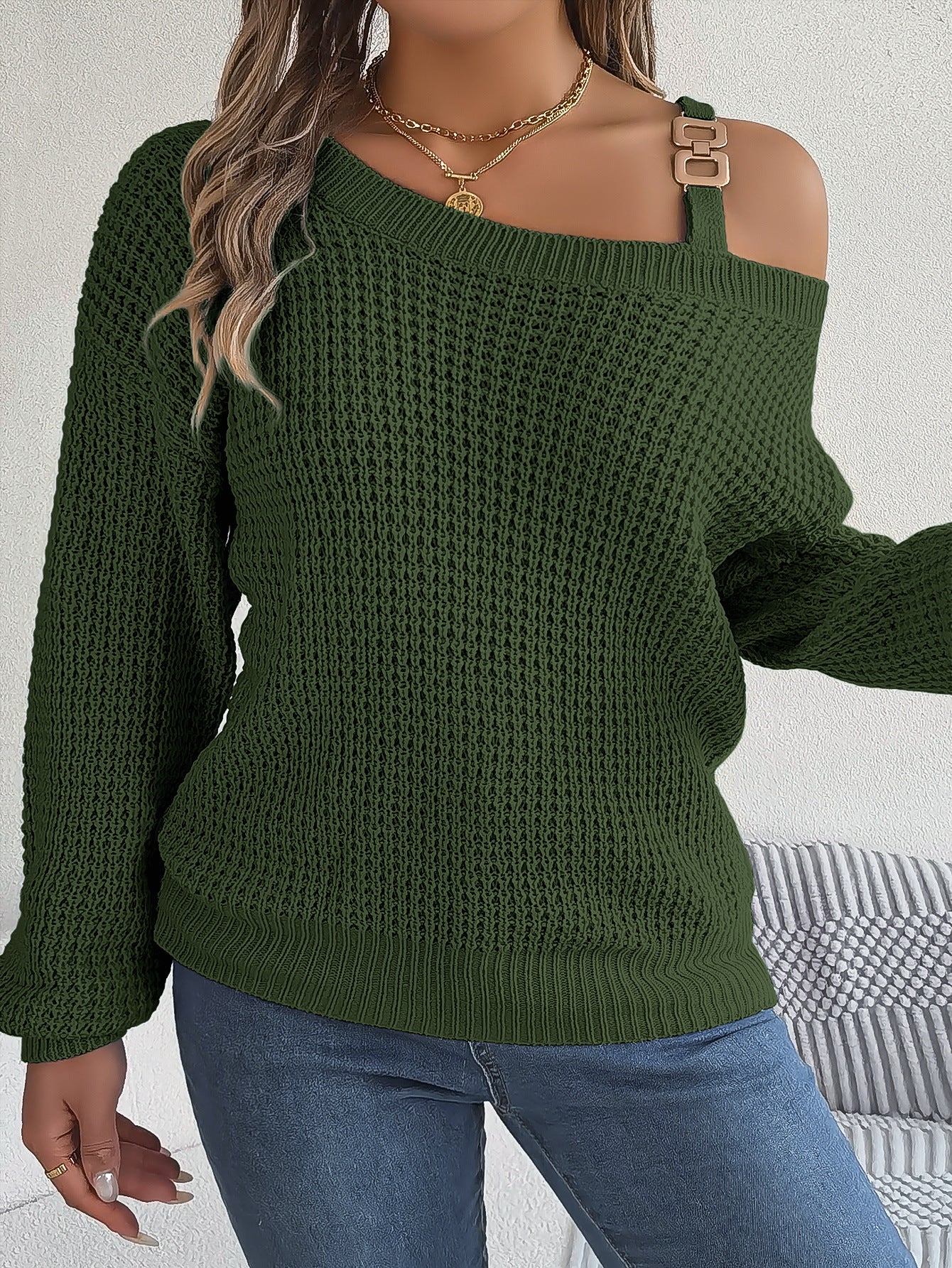 Casual Metal Buckle Splicing Off-shoulder Lantern Sleeve Pullover Sweater