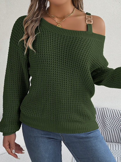 Casual Metal Buckle Splicing Off-shoulder Lantern Sleeve Pullover Sweater